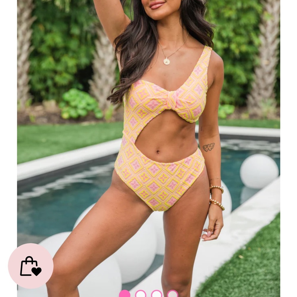 YELLOW AND PINK SIDE CUTOUT JACQUARD SWIMSUIT
